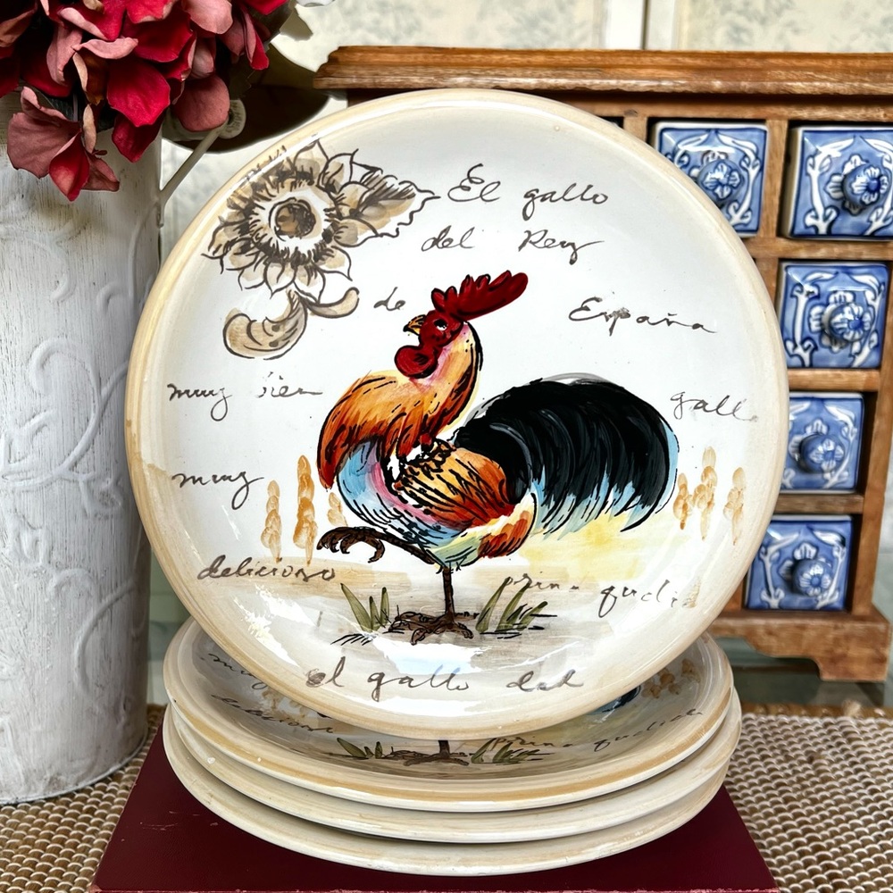 Le Chanticleer Maxcera Rooster/Sunflower 8” Plates, SET/4